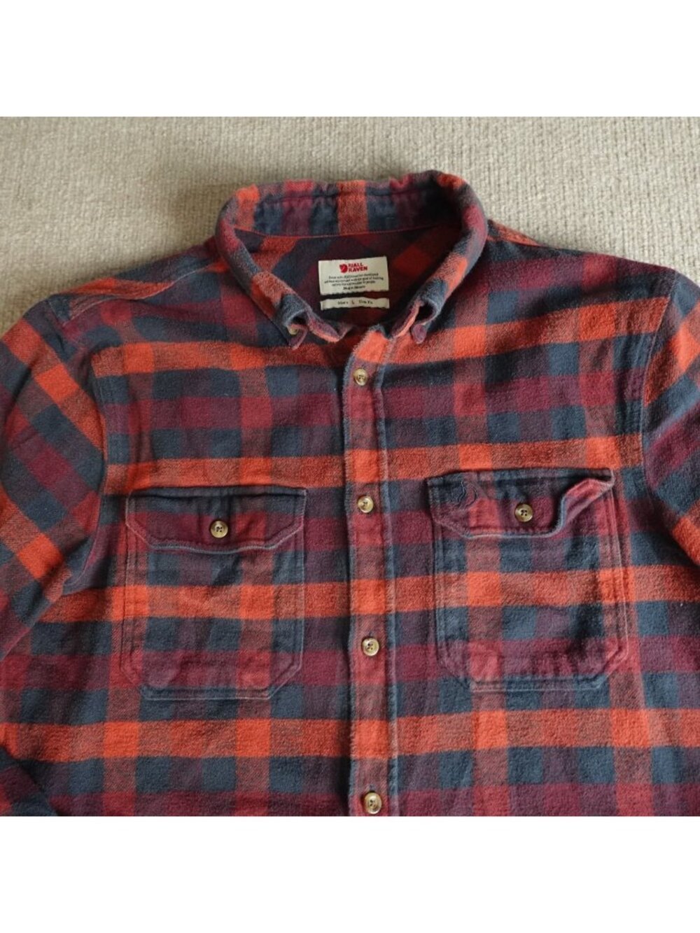 Fjallraven Mens Shirt Large Orange Blue Plaid Flannel Slim Fit Skog